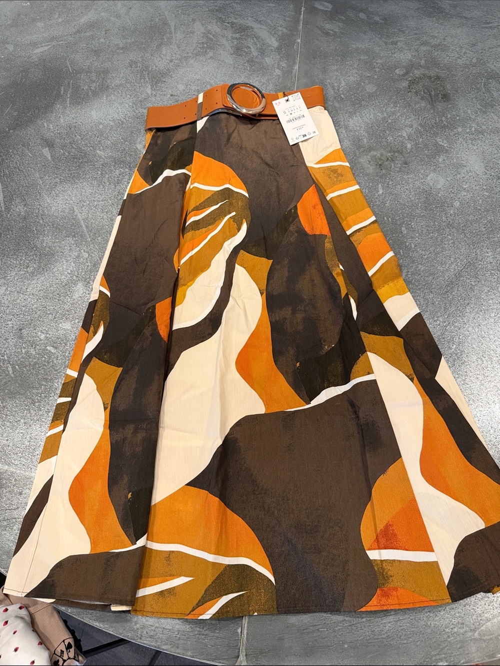 Zara Brown Orange Cream Abstract Maxi Skirt with Belt